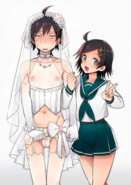 1boy 1girls black_hair blush cr-r female hikigaya_hachiman hikigaya_komachi male my_teen_romantic_comedy_snafu trap v wedding_dress wedding_veil white_background