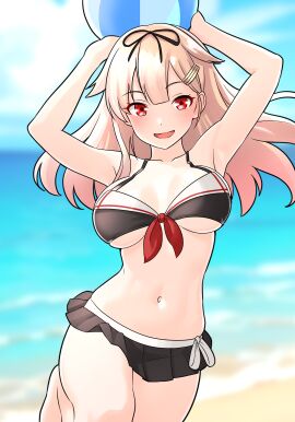 1girls absurd_res absurdres armpits arms_above_head arms_up bare_armpits bare_arms bare_belly bare_calves bare_chest bare_hands bare_hips bare_knees bare_legs bare_midriff bare_navel bare_shoulders bare_skin bare_soles bare_thighs bare_torso barefoot beach beach_ball belly belly_button bikini bikini_bottom bikini_only bikini_top black_bikini black_bikini_top black_hair_ribbon black_ribbon black_skirt black_string_bikini black_swimsuit black_swimwear blue_sky breasts cleavage clouds coast collarbone day daytime dot_nose elbows eyebrows_visible_through_hair feet female female_focus female_only fully_clothed furaggu_(frag_0416) hair_ornament hair_ornaments hair_ribbon half_naked hands_above_head hands_up hi_res high_resolution highres hourglass_figure kantai_collection knee_up large_breasts leg_up legs light-skinned_female light_brown_hair light_skin long_hair looking_at_viewer medium_breasts navel ocean open_mouth open_mouth_smile outdoors outside red-eyed_female red_eyes revealing_clothes ribbon sand sea seaside shoulders side-tie_bikini sideboob skimpy_clothes skirt sky slender_body slender_waist slim_female slim_waist smile smiling_at_viewer soles solo standing string_bikini swimsuit swimwear thick_thighs thighs thin_waist tongue underboob upper_body wide_hips yuudachi_(kantai_collection) yuudachi_kai_ni_(kantai_collection)