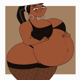 1girls animated ass barely_clothed big_ass big_breasts breasts dark-skinned_female dark_skin ebony fat female fishnets gif huge_belly hyper_belly hyper_breasts leshawna_(tdi) outie_navel pregnant rubbing_belly solo thick_ass total_drama_island vanilladream34 wide_hips
