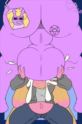 absurd_res anthro arthropod ass balls big_balls big_dom_small_sub blonde_hair bodily_fluids bulge clothing cum cum_inside cumflated_belly cumflation demon dickgirl dominant duo eyewear futa_sans_pussy futanari genital_fluids genitals glasses hair herm hi_res holding_balls horn huge_balls humanoid hyper inflation insect_wings insects intersex intersex/male it_me_robin lepidopteran lepidopteran_wings male male_penetrated markings moth nude oral oral_penetration oral_sex penetration perineal_raphe perineum perineum_bulge pink_body pink_skin purple_body purple_skin robin_(it_me_robin) rosy_maple_moth seti_(leamhan) simple_background size_difference smile tongue tongue_out wings