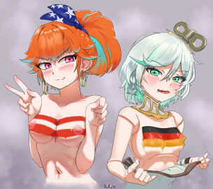 2d 2d_artwork 2girls areolae arrax_(wdah8558) austrian_flag austrian_vtuber belly_button blush blush_lines blushing bodypaint braid breast_size_difference breasts cecilia_immergreen comparing cropped_torso doll doll_girl doll_joints dress_down dress_pull duo duo_female duo_focus earrings eyelashes female female_focus female_only flabbergasted german_flag german_vtuber green_eyes green_hair hololive hololive_english hololive_english_-justice- hololive_myth lashes light-skinned_female light_skin looking_at_another looking_at_each_other medium_breasts midriff multiple_females multiple_girls navel nipples orange_hair peace_sign pink_eyes ponytail short_hair shorter_female small_breasts smile smug_smile takanashi_kiara v virtual_youtuber visible_air waist