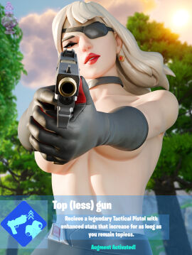 3d aiming_at_viewer blender breasts breasts_covered convenient_censoring eyepatch female fortnite gameplay_mechanics gloves gun haziest_mirage partially_clothed pointing_gun siren_(fortnite) topless
