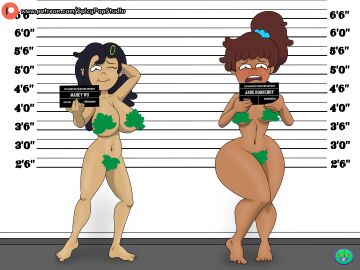 2girls :i amphibia amphibia_(finale) anne_boonchuy arrest asian_female barefoot big_breasts breasts disney disney_channel embarrassed_nude_female exhibitionism feet female fig_leaf leaf_censor leaf_on_crotch marcy_wu mugshot multiple_females multiple_girls nude spicypop tagme thick_thighs toes upper_teeth