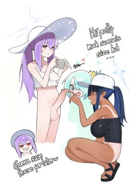 1futa 2girls aqua_hair atsuko_(blue_archive) atsuko_(swimsuit)_(blue_archive) balls baseball_cap big_penis black_footwear blue_archive blue_hair blue_halo bottomless breasts camera closed_mouth dark-skinned_female dark-skinned_sub dark_skin english_text erection female futa_on_female futa_with_female futanari grin hair_between_eyes hair_over_one_eye halo hat heart highres hiyori_(blue_archive) holding holding_camera intersex large_breasts large_penis light-skinned_futa light_skin long_hair looking_at_penis multiple_females multiple_girls open_mouth penis penis_awe poking_penis ponytail purple_hair red_eyes sandals saori_(blue_archive) saori_(swimsuit)_(blue_archive) sidelocks simple_background size_talk smile snorkel14 squatting sun_hat tan tanlines testicles text tongue tongue_out uncensored white_background white_hat