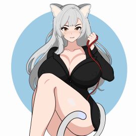 absurd_res big_breasts black_shirt breasts cat_ears cat_girl cat_tail catgirl female hi_res hips large_breasts leash long_hair looking_at_viewer mole_under_eye moles_under_eyes nipples_visible_through_clothing red_leash shirt_only snezha snezhok virtual_youtuber vtuber white_hair yellow_eyes
