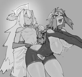 1boy 1girls angel beamboi beamerbruh bent_over bouncing_breasts breasts female greyscale halo knight male sex taken_from_behind wings