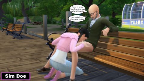 1boy 3d age_difference black_hair blowjob caption captions couple couple_(romantic) cute cute_face davion_cross_(sim_doe) dianna_cross_(sim_doe) english english_text female grandfather_and_granddaughter grey_hair male old_male original_characters petite petite_female sim_doe speech_bubble the_sims the_sims_4 younger_female
