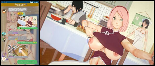 3d boruto:_naruto_next_generations clothing danp3d english_text glasses huge_breasts inuzuka_kiba large_breasts mother_and_daughter naruto rock_lee sakura_haruno sarada_uchiha sarutobi_konohamaru sasuke_uchiha temari text towel useless_clothing