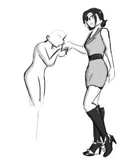 1boy 1girls 2d black_and_white boot_fetish boots celera_prime chivalrous_innuendo cum_on_boots dominant_female dominatrix dress female femdom foot_fetish footwear kissing_hand male milf mimi_(celera_prime) mommy mommy_kink monochrome older_female original original_character original_characters romantic shoe_fetish shoes short-haired_female short_hair submissive_male waist_belt