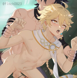 2boys aether_(genshin_impact) ahe_gao balls black_hair blonde_hair blush braid censored completely_nude earrings finch0023 finch_(blanc1771) genshin_impact grey_hair hair_between_eyes hair_ornament jewelry long_hair male male_focus multiple_boys multiple_males navel nipples nude open_mouth penis scarf sex sex_from_behind stomach testicles tongue tongue_out white_scarf wriothesley_(genshin_impact) yaoi yellow_eyes