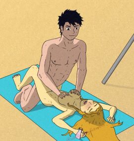 beach beach_sex beach_towel blonde_female blonde_hair blush blushing_female couple couple_sex female implied_penetration male male/female male_penetrating missionary missionary_position missionary_sex nude nude_female nude_male oc original original_character original_characters sex sex_on_the_beach sirdippinghotsauce