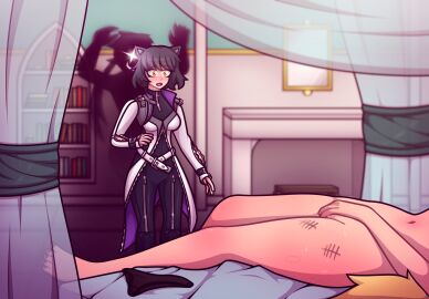 2girls alternate_version_at_source alternate_version_available ambiguous_consent artist_signature background belly belly_button belt bite bite_mark bite_marks black_hair blake_belladonna blonde_hair blush body_writing bodysuit book books bookshelf cat_ears cat_girl catgirl cheating cheating_girlfriend cheating_wife clothed clothes colored counting cuck cucked cucked_by_femboy cucked_by_friend cucked_by_human cuckold cuckquean degradation eyebrows eyebrows_visible_through_hair eyelashes feet female femboy femboydom fingers fireplace front_view full_body full_color half_body high_resolution highlights highlights_(coloring) highres knee knees latex latex_clothing laying_down laying_on_bed legs light-skinned_female light_skin looking_at_another looking_at_partner male marked marking markings marks mirror multiple_females multiple_girls neeh neo_(rwby) netorare ntr panties ponytail rwby scared scared_expression shaded shadow short_hair side_view silhouette spanking_marks surprise surprised surprised_expression sweat sweatdrop sweating tally_marks textless textless_version thick thick_hips thick_legs thick_thighs thighs toes tongue watermark yang_xiao_long yellow_eyes yellow_hair zipper