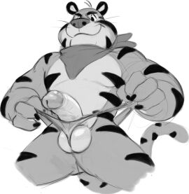 abs anthro balls biceps big_balls big_boner big_penis black_stripes blue_nose cereal_mascot cum frosted_flakes furry holding_penis horny kelloggs long_tail male muscles muscular muscular_body muscular_male orange_fur pecs penis precum precumming red_bandana smiling smiling_at_viewer smirking_at_viewer solo_male tiger tony_the_tiger triceps white_balls white_penis