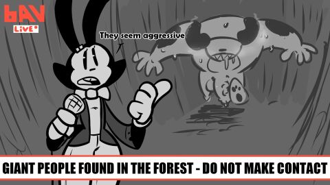 2023 2_horns 4_fingers algob4v anthro bav black_body black_ears black_eyes black_fur black_nose black_text bon_(bav) bottomwear clothed clothed_anthro clothed_female clothing countershade_face countershading dialogue duo electronics english_text eyelashes female female_anthro fingers fur genitals gesture glans gloves hand_gesture handwear hi_res holding_microphone holding_object horn humanoid_genitalia humanoid_penis lagomorph larger_male leporid live male mammal microphone monster news news_report news_reporter nude nude_male open_mouth pants penis pointing pointing_at_another rabbit red_text reporter running size_difference smaller_anthro smaller_female teeth text tongue toony toony_eyes vein veiny_penis