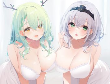 2d 2girls ass bare_shoulders big_ass big_breasts blush breasts camisole ceres_fauna deyui earrings female female_only flower green_eyes green_hair hair_flower hair_ornament hololive hololive_english hololive_english_-council- hololive_english_-promise- hololive_fantasy hololive_japan horn huge_breasts long_hair mole mole_on_breast open_mouth shirogane_noel shirt smile virtual_youtuber white_camisole white_hair yellow_eyes