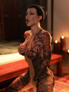 1girls 3d asian asian_female bodysuit_tattoo brown_hair female female_only final_fantasy final_fantasy_vii final_fantasy_vii_remake full_body_tattoo indoors madam_m nude nude_female on_knees solo_female tattoo tattoos tattoos_everywhere word2 yakuza_tattoo