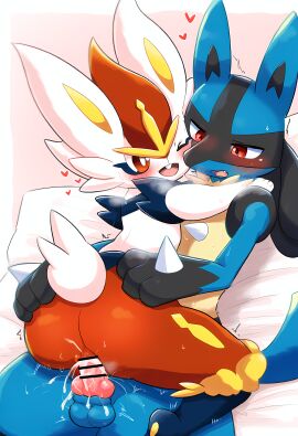 1boy ai_generated censored censored_penis cinderace cum cum_in_pussy cum_inside female furairy_mask furry lucario male male/female pokemon pokemon_(species) pussy sex