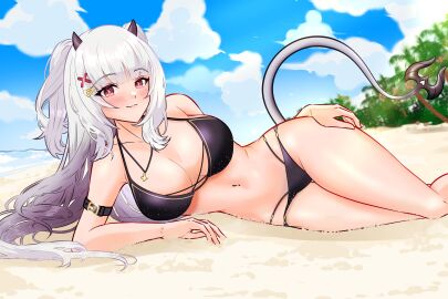 1girls absurdres arm_belt beach bikini black_bikini blue_sky blush closed_mouth cloud cloudy_sky cross cross_necklace day demon demon_girl demon_horns demon_tail female hairpin highres horns indie_virtual_youtuber jewelry long_hair lucy_pyre lying meisaki multiple_hairpins navel necklace on_side outdoors red_eyes sand sky smile solo swimsuit tail tree virtual_youtuber vtuber vtuberfanart