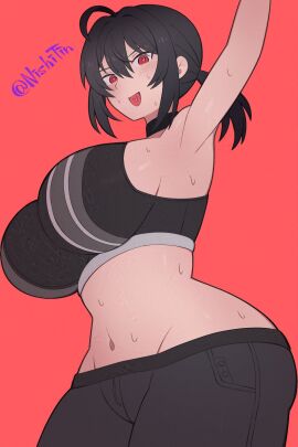 1girls belobog_heavy_industries big_breasts black_hair breasts curvy_body curvy_female curvy_figure female female_focus grace_howard gym_clothes hoyoverse nishitin solo sweating thick_body zenless_zone_zero