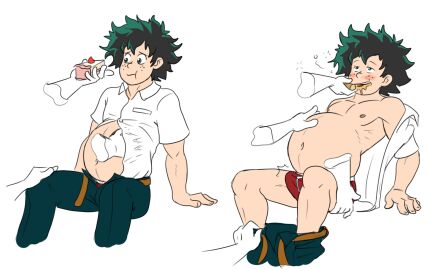 1boy belly belly_rub belly_stuffing big_belly bloated bloated_belly blush bulge disembodied_hand disembodied_hands erection erection_under_clothes feederism feeding food forced_feeding freckles green_hair izuku_midoriya male my_hero_academia overfeeding pants_down solo_male stuffed_belly stuffing tenting underwear verzisphere