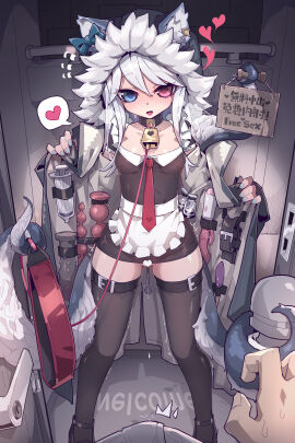 absurdres anal_beads animal_ears bell black_thighhighs blue_eyes bottomless breasts censored collar commentary commentary_request dildo exhibitionism female hat heart heterochromia highres imazawa leash long_hair maid miniskirt no_panties object_insertion open_mouth original public public_indecency pussy red_eyes sex_toy skirt small_breasts syringe tentacle thighhighs vaginal_object_insertion vaginal_penetration vibrator white_hair zettai_ryouiki