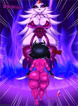 2024 2_horns abstract_background absurd_res anthro arms_crossed_under_breasts artist_name ass avian back_boob big_ass big_breasts big_butt bird black_hair breasts bubble_ass bubble_butt camel_toe cameltoe choker cleavage clothed clothing corset crossed_arms crown curvy_figure demon demon_humanoid dialogue digital_drawing_(artwork) digital_media_(artwork) drawsfigures dual_wielding duo english_text feathers female fingerless_gloves fingers galliform garter_straps gloves hair handwear headgear heart_symbol hearts_around_head helluva_boss hi_res holding_object holding_weapon horn horned_humanoid hourglass_figure huge_ass huge_breasts huge_butt huge_hips huge_thighs humanoid imp jewelry knife legwear lingerie long_hair long_tail mature_anthro mature_female millie_(helluva_boss) narrowed_eyes necklace nude nude_female nude_humanoid peafowl peafowl_demon phasianid pink_sclera pointed_tail pussy red_body red_skin seductive short_hair small_waist smile solo stella_(helluva_boss) stockings symbol tail tailed_humanoid text thick_thighs tiara topwear voluptuous watermark weapon white_body white_eyes white_feathers white_hair wide_hipped_female wide_hips