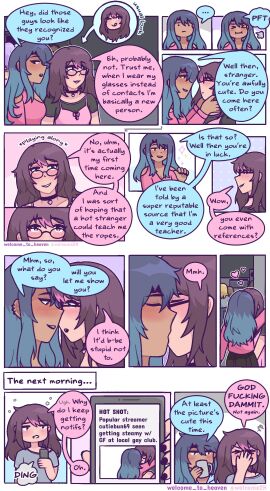 2girls blue_hair blush brown_hair choker club ear_piercing emma_(welcome_to_heaven) facepalm female/female fully_clothed glasses heart hearts_around_head kissing lesbian_couple lesbian_kiss messy_hair morning phone pink_hair pink_highlights roleplay romantic romantic_ambiance romantic_couple sasha_(welcome_to_heaven) timeskip trans_woman trans_woman_(lore) transfem transgender_woman two-tone_hair welcome_to_heaven wholesome yuri