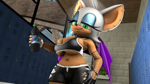 3d 3d_model anthro bat big_breasts breasts ear_piercing female fishnets green_eyes gym_clothes gym_shorts holding_object looking_at_viewer mobian mobian_(species) mobian_bat nipple_slip nottanj rouge_the_bat rouge_the_bat_(nottanj) sega smiling_at_viewer sonic_(series) sonic_adventure_2 sonic_the_hedgehog_(series) source_filmmaker squished_breasts terrarizemyself tight_clothing water_bottle wings