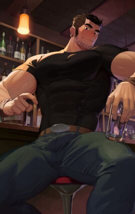 1boy bara beard_stubble black_hair blush bulge clothing dainyuu_(dgls) gay lucas_lee male male_focus male_only masculine_male muscular muscular_male penis penis_outline scott_pilgrim solo solo_male tight_clothing yaoi