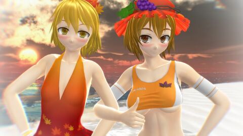 2023 2girls 3d autumn_leaves beach big_breasts blonde-haired_female blush breasts busty clouds deity duo_female female flat_chest goddess grapes hati_yukkuri_mmd headwear large_breasts light-skinned_female light_skin looking_at_viewer midriff minoriko_aki mmd mountain_of_faith navel outdoors outside red_hat shizuha_aki short-haired_female siblings sisters sky smiling_at_viewer sports_bra sunset swimsuit toned touhou underboob water yellow_eyes
