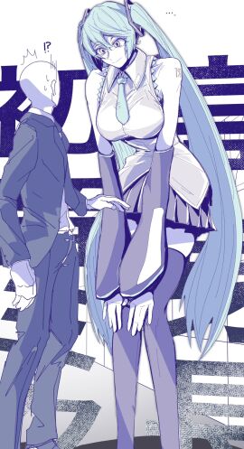1boy 1girls 2d 2d_(artwork) anonymous_male bald_male bending_down bending_forward big_breasts bigger_female breasts clothed clothed_female clothed_male female female_focus hatsune_miku height_difference light-skinned_female light-skinned_male light_skin male size_difference tall_female tall_woman taller_female twintails vocaloid
