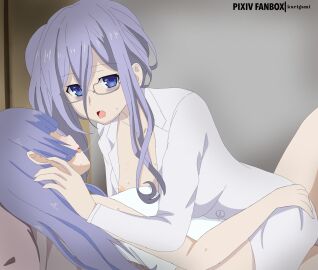 2d 2d_(artwork) 2girls after_kiss ass ass_grab bed bedroom blue_eyes breasts clothed date_a_live female glasses grey_eyes grey_hair izayoi_miku kurigami light-skinned_female light_skin long_hair murasame_reine nipple_slip open_shirt saliva saliva_string saliva_trail shirt thighs white_hair yuri