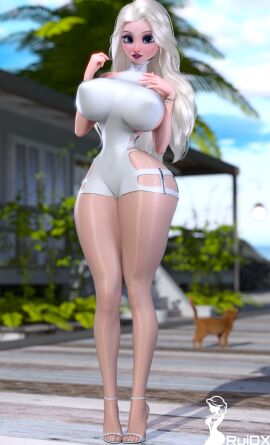 1girls 3d big_breasts bimbo blonde_hair breasts clothing disney dress elsa_(frozen) female female_only frozen_(film) frozen_2 high_heels hourglass_figure large_breasts looking_at_viewer nipple_bulge ruidx solo thick_thighs thin_waist wide_hips