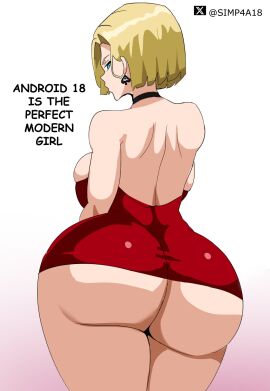 1girls android_18 ass ass_focus ass_grab back back_view big_breasts black_choker blonde-haired_female blonde_hair blue-eyed_female blue_eyes breasts choker cleavage dragon_ball dragon_ball_super dragon_ball_z dress english english_text eyelashes female female_focus female_only huge_ass interracial light-skinned_female light_skin looking_back medium_hair netorare ntr queen queen_of_spades red_dress short_dress sideboob simp4a18 solo solo_female solo_focus spade_earring spade_earrings strapless strapless_dress text thick thick_ass thick_thighs thighs