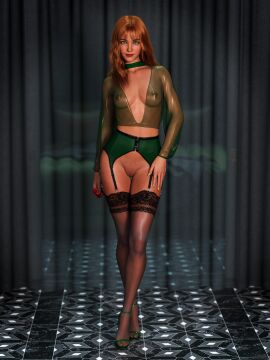 1girls 2024 3d bedroom breasts clothed clothing depth_of_field female female_only flapsky front_view garter_belt garter_straps green_bed green_garter_belt green_high_heels green_nail_polish green_nails grey_curtains grey_floor high_heels indoors lipstick looking_at_viewer medium_breasts no_bra no_panties nopan orange_hair original_character rebecca_(flapsky) red_hair reen_garter_straps see-through see-through_clothing see-through_shirt see-through_top solo solo_female standing teal_high_heels tiled_floor