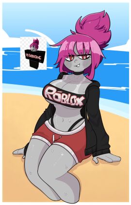 1girls beach belly_button bettybloxxer big_breasts blush breasts choker cleavage clothed clothed_female clothing eyebrows_visible_through_hair female female_only grey_body grey_skin guest_(roblox) hair hair_bun hoodie open_hoodie penismaster48 pink_hair red_eyes reference_image roblox robloxian sand shorts sitting smile solo stomach sweat sweatdrop sweating text_on_clothing thick_thighs thighs thong tubetop underboob water