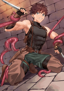 1boy abs armpits arms_up assless_chaps belt biceps blue_eyes bondage brick_floor brick_wall brown_hair clenched_teeth dagger dual_wielding duo eyelashes fingerless_gloves full_body fully_clothed gauntlets gay gloves hi_res holding_weapon kneeling male male_only mature_male monster mucus muscles muscular muscular_arms muscular_male nayoshi_(r-744) no_visible_genitalia original original_character pecs pouch restrained restrained_arms restrained_legs restrained_wrists scar scar_on_arm short_hair shorts sleeveless spread_legs straps sweat sweatdrop tentacle tentacle_around_arm tentacle_around_leg tentacle_bondage tight_clothing tough_guy trapped triceps wince yaoi young