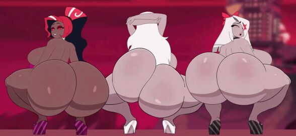 3girls amazon_prime animated ass ass_focus asstronsfw back_view carmilla_carmine clapping_cheeks dark_skin female grey_skin hands_behind_head hazbin_hotel hellaverse high_heels looking_back squatting squatting_pose throwing_it_back twerk twerking vaggie_(hazbin_hotel) velvette vivienne_medrano vivziepop white_hair