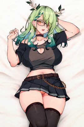 1girls bare_shoulder big_breasts black_legwear breasts ceres_fauna ceres_fauna_(3rd_costume) choker cleavage cleavage_cutout collarbone earrings exposed_shoulder female female_only flowers_in_hair glasses gradient_hair green_hair hand_behind_head highres hips hololive hololive_english hololive_english_-council- hololive_english_-promise- horns large_breasts legwear light-skinned_female light_skin looking_at_viewer lying lying_on_back mole mole_under_eye nail_polish nails navel no_panties open_mouth pussy pussy_peek skirt solo stockings t-shirt thick_thighs thigh_gap thighhighs thighs uncensored varniskarnis virtual_youtuber waist yellow_eyes