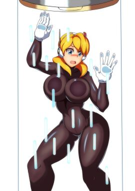 1girls 5_fingers alia big_breasts blonde_hair blue_eyes blush bodysuit boob_window breasts breasts_on_glass female jpeg kotatuman_dash mega_man mega_man_x mega_man_x_dive robot_girl white_background white_gloves