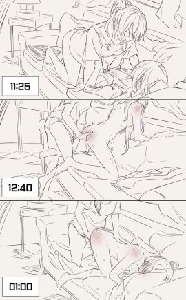 2girls all_fours asahina_mafuyu blush breasts clothed_female_nude_female couch couch_sex female fingering greyscale leaking_pussy long_hair masturbating_other monochrome naked_female partially_clothed project_sekai pussy underwear vaginal_fluids vaginal_penetration yoisaki_kanade yuri