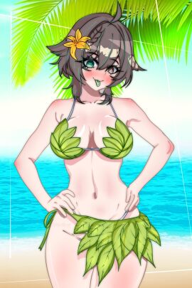 1girls beach bikini blush breasts brown_eyes brown_hair day female former_idol_corp_member green_eyes heterochromia idol_corp idol_es latam_virtual_youtuber meica outdoors public short_hair solo_female swimsuit tagme thighs virtual_youtuber vtuber wicho_mask