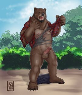 5_fingers 5_toes after_transformation anthro balls bara bear beard black_lips black_nose bodily_fluids bottomless broad_shoulders brown_body brown_fur claws clothed clothing cloud destroyed_clothing detailed_background dirt discarded_bottomwear discarded_clothing erection facial_hair feet fingers flannel fur genital_fluids genitals hi_res humanoid_genitalia humanoid_penis leaking_precum lips male mammal musclegut muscular nipples oldwerewolf open_mouth outside pawpads penis pink_nipples plant plantigrade post-transformation precum raised_hands roaring shirt shrub signature sky solo standing stocky t-shirt tearing_clothing teeth thick_neck thick_thighs toe_claws toes tongue topwear torn_clothing torn_shirt torn_topwear transformation tree vein veiny_penis were wereursid yaoi