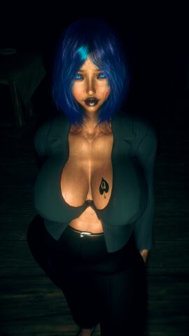 1futa 1girls 3d 4k big_breasts big_lips black_lipstick blue_eyes blue_hair breasts breasts_bigger_than_head bridge_piercing brown_body brown_skin bulge bulge_through_clothing business_suit business_woman chromatic_aberration crashbanditkut dark-skinned_female dark-skinned_futa dark_skin eyeliner female female_focus futanari glowing_eyes gold_piercing golden_piercing hair hi_res high_resolution highres house intersex lips lipstick looking_at_viewer makeup mature mature_female mature_futa medium_hair nose_piercing original original_character pants penis penis_bulge piercing qos qos_tattoo queen_of_spades queen_of_spades_symbol queen_of_spades_tattoo ring_piercing septum_ring shirt short_hair solo solo_futa spade_tattoo virt-a-mate virtamate wet wet_skin