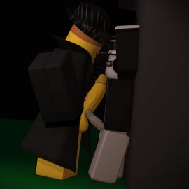 2boys 3d akumainized arms_above_head background balls ballsack big_penis black_shirt bottomless chance_(forsaken) fedora forsaken_(roblox) gay glasses grey_skin headphones imminent_sex large_penis mafioso_(forsaken) male no_pants pantless penis penis_size_difference pierced_genitals pinned_arms pinned_to_wall roblox roblox_game robloxian size_difference smile sunglasses trenchcoat yaoi yellow_skin