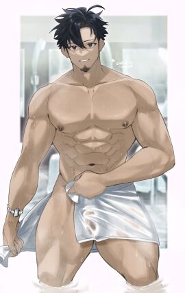 1boy abs bara big_pecs breasts brown_nipples bulge bulge_through_towel bulge_under_towel busty dripping_wet facial_hair flaccid flaccid_penis goatee goburin_second harumi_(goburin_second) highres large_pectorals looking_at_viewer male male_chest male_focus male_only mature_male muscular muscular_chest muscular_male muscular_thighs navel nipples onsen original pecs pectorals penis penis_outline penis_under_towel penis_visible_through_towel six_pack smile smiling smiling_at_viewer solo solo_male thick_thighs thighs topless_male towel_around_waist very_sweaty wet wet_body wet_skin wet_towel white_towel yaoi