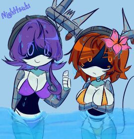 2girls alice_(murder_drones) antlers bikini breasts brown_hair crossed_arms female female_only glitch_productions hourglass_figure in_water large_breasts milf murder_drones nighttsuki nori_(murder_drones) orange_eyes purple_hair robot robot_girl tagme thumbs_up wet_body wet_hair worker_drone