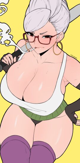 1girls armpit armwear ayase_seiko baseball_bat bat bat_(object) big_breasts blush breasts busty cigarette cigarette_in_mouth cleavage clothed curvaceous curves curvy curvy_body curvy_female dandadan earrings edmun female female_only gilf glasses grandmother large_breasts milf older_female red_eyes revealing_clothes shounen_jump sweat sweating sweaty tagme thick thick_thighs thigh_highs thighhighs thighs white_hair