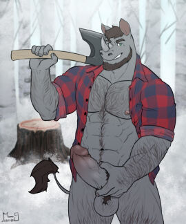 2020 abs anthro arm_hair axe axe_over_shoulder balls beard biceps body_hair bottomless brown_hair cherrypickergm chest_hair clothed clothing erection facial_hair forearm_hair forearm_muscles forearms genitals grin grinning_at_viewer hair hairy hairy_balls hairy_hands happy_trail hi_res leg_hair looking_at_viewer lumberjack male male_only mammal marlon_forte masculine_male mature_male muscles muscular muscular_legs navel nipples open_clothing open_shirt open_topwear outside pattern_clothing pattern_shirt pattern_topwear pecs penis plaid plaid_clothing plaid_shirt plaid_topwear plant pubes rhinoceros rolled_up_sleeves shirt shirt_only smile solo standing topwear topwear_only tree tree_stump vein veiny_penis