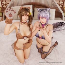 2girls alluring bed brown_eyes brown_hair cat_gloves clearwatergl dead_or_alive dead_or_alive_xtreme_venus_vacation lavender_hair lingerie medium_breasts misaki_(doa) on_bed pin_up shizuku_(doa) tecmo
